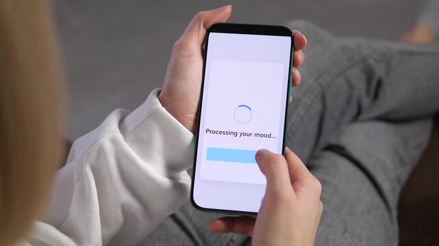 Woman using a mental health tracker app on her smartphone. Sequence shows selecting Bad Mood and receiving a supportive Thank You message. Ideal for wellness, psychology, and digital self-care content