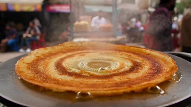 Street food dosa on hot griddle.