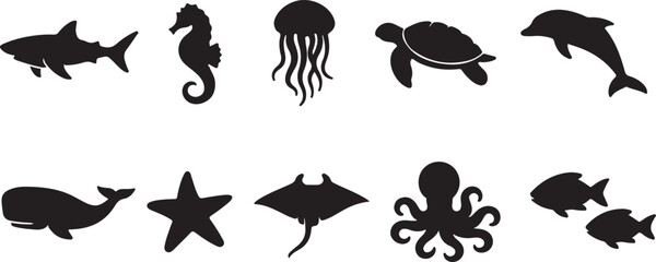 Ocean life series icon set with fish, whale, turtle, coral and marine animals vector symbols. © MDSHAHIN