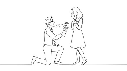 Fototapeta premium Minimalist continuous one line drawing of a romantic proposal scene with a man kneeling and giving a rose to a woman. Elegant line art vector illustration.