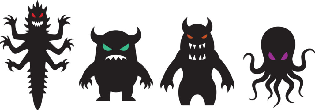 Black silhouette monster icons cartoon fantasy horror design vector spooky strange style