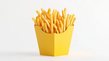 yellow paper box of french fries on a white background, front view, 3d rendering, minimal concept, bright colors