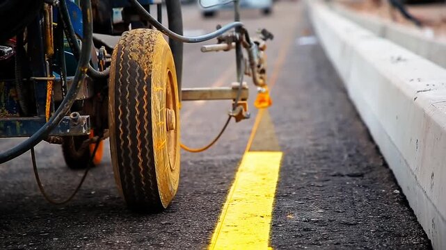 Close-Up of Road Marking Machine Applying Yellow Line on Asphalt