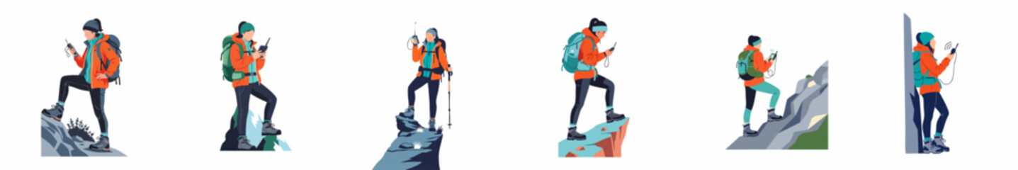 Set of illustrations depicting a female hiker in outdoor gear using a walkie-talkie while navigating rocky mountain peaks for adventure and safety. © Nurdayatt