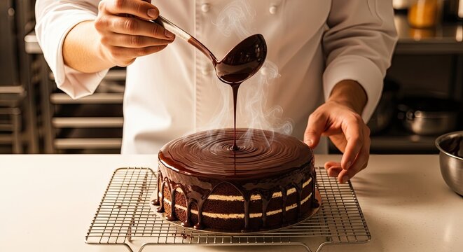 Chef decorating chocolate cake with frosting.
