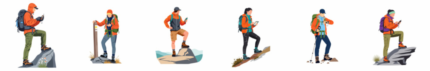 Fototapeta premium Set of diverse hikers and mountaineers using modern navigation devices, smartphones, and GPS trackers while trekking, flat vector illustrations on white background.