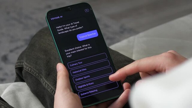 Person planning a dream vacation using an AI travel assistant on a smartphone. Smart chatbot provides personalized recommendations for tropical trips and budget levels. Concept of future digital