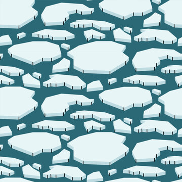 Flat seamless pattern with ice floes on blue water background. Arctic ocean landscape for winter textile, nature wallpaper or seasonal wrapping paper. Seamless texture