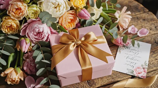 A beautifully arranged bouquet of roses and tulips sits beside a pink gift box tied with a golden ribbon, with a small card featuring floral illustrations.