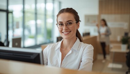 Fototapeta premium Smiling receptionist in white blouse and glasses checking guest at reception desk, monitor visible