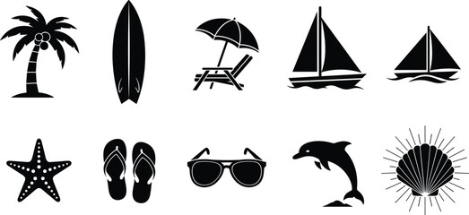 Obraz premium Black Summer Beach Icon Set Featuring Palm Tree Surfboard Deck Chair Sailboat Starfish Flip Flops Sunglasses Dolphin and Seashell Vector Silhouettes