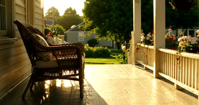 Serene Porch with Wicker Chair and Garden View.