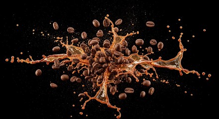 Roasted coffee beans collide with liquid resulting in a dynamic dark splash against a black background