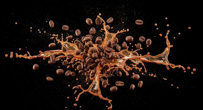 Roasted coffee beans collide with liquid resulting in a dynamic dark splash against a black background