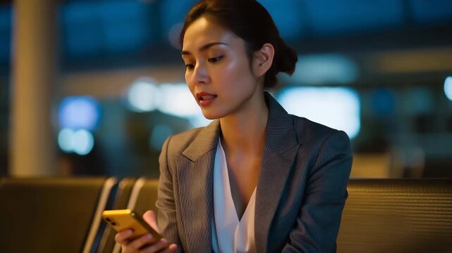 Working mom missing child's spring concert sitting in airport terminal watching video, tissue in hand, business attire, perfect for career sacrifice, parental guilt, and modern professional theme