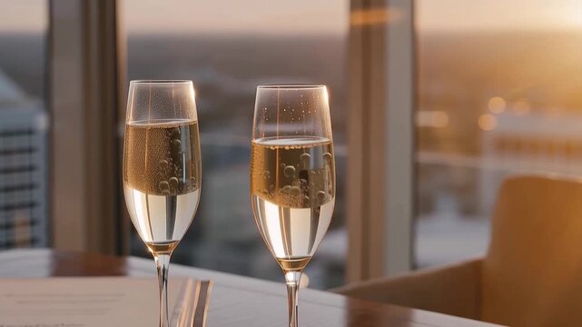 Acquisition celebration setup with two champagne glasses and signed exit documents on mahogany conference table, city skyline visible through floor-to-ceiling windows at sunset, perfect for