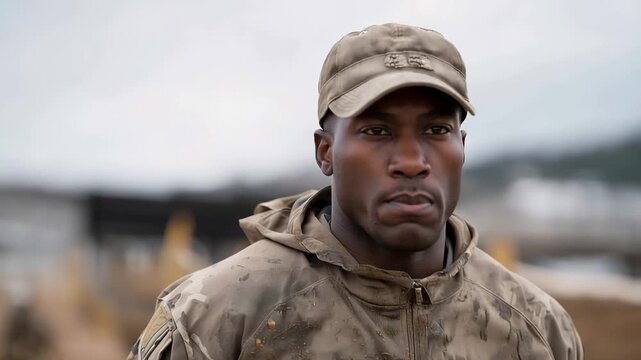 Army reserve drill sergeant instructing new recruits during obstacle course training, commanding presence on muddy field, trainees navigating challenges in background, overcast sky adding