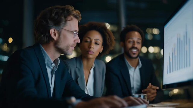 Board directors examine risk assessment matrices on oversized monitor, spring quarter data visualized in bold graphics, serious expressions reflect weight of pending decision, conference table