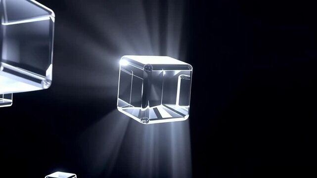 Transparent crystal cubes floating and rotating in slow motion against a dark background for abstract modern visual projects.
