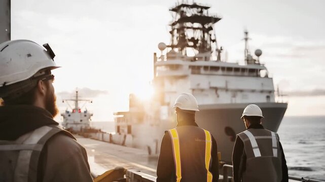 Cable-laying vessel installing subsea electrical connections between offshore wind turbines, marine construction crew on deck, grid connection infrastructure work, ideal for offshore transmission