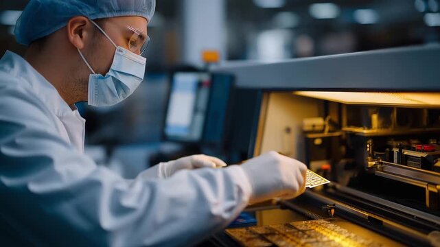 Cleanroom operator loading precision optical components into vacuum deposition chamber, thin-film coating process for technology applications, ideal for advanced manufacturing keywords, and modern