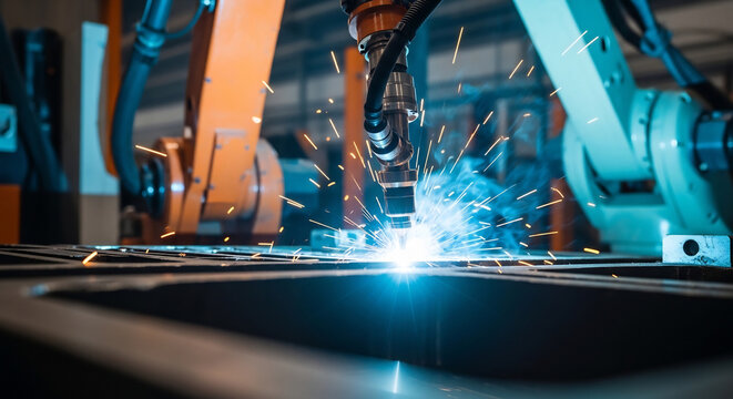 ロボットアームが工場で金属を鮮やかに溶接する様子を捉えた素晴らしい写真