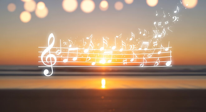 Glowing music staff with sparkles over a beach sunset background