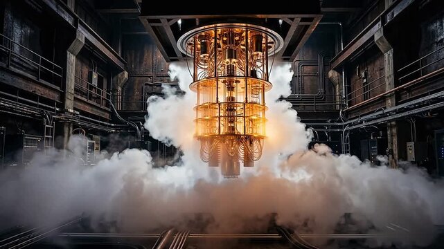 Hyper-realistic wide shot of a quantum computing data center featuring a massive gold and copper dilution refrigerator in an iron chamber.