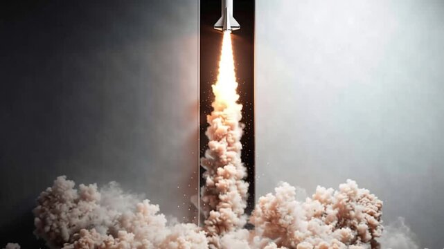 Space exploration commercial ventures. Space innovation. Orbital infrastructure. Aerospace economy. Rocket launching indoors with smoke and fire in a narrow vertical space