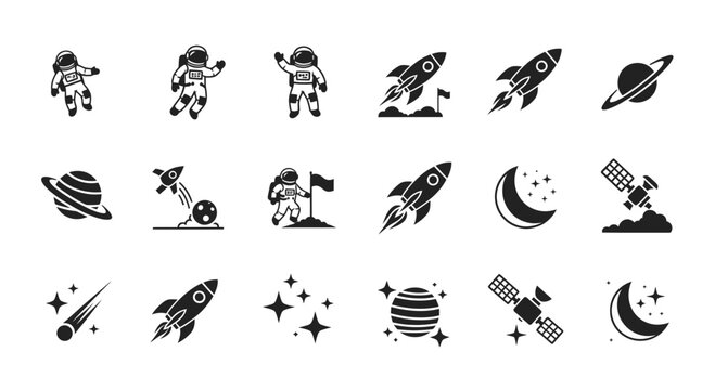 Outer Space Exploration Astronaut and Rocket Silhouette Icon Set Vector Illustration Design Element