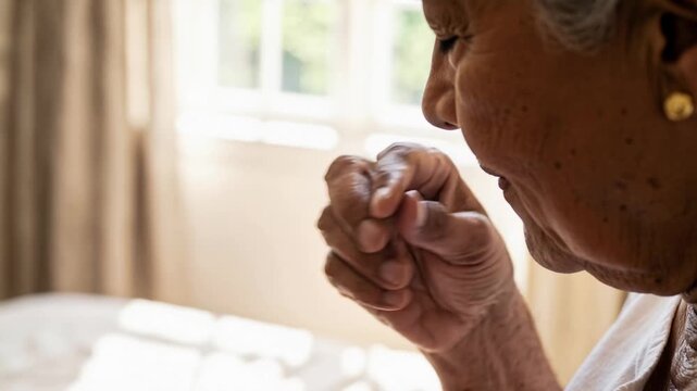 Close-up of senior hands holding multiple pills and taking medication in bed.