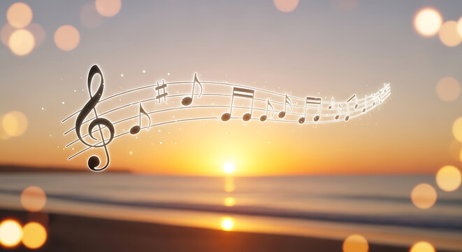Dreamy musical notation line over a blurred coastline landscape