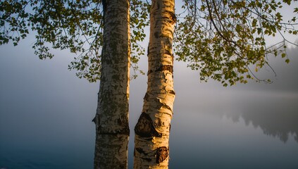 Fototapeta premium Framing two birch tree trunks, warm sunlight highlighting peeling bark at lakeshore, misty water