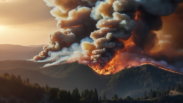 Massive forest wildfire burning across mountain landscape with thick smoke and intense flames representing environmental disaster and climate change impact on natural ecosystems