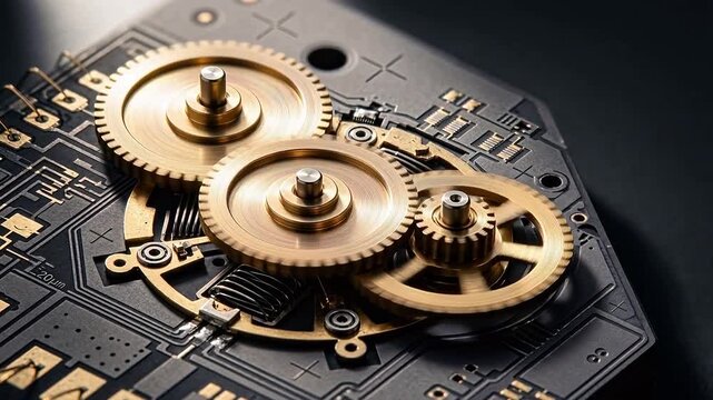 Photorealistic rendering of a micro-electromechanical systems gear assembly featuring microscopic metallic components interlocking neatly.