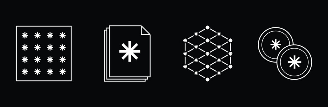Abstract technology icon set. Control, document, network and token symbols in minimalist outline. AI platforms, protocol interfaces, blockchain dashboards, developer tools, fintech, SaaS web assets