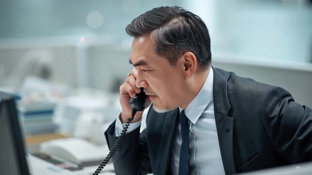 コールセンターで受話器を持ち指示を出す中年男性の通話