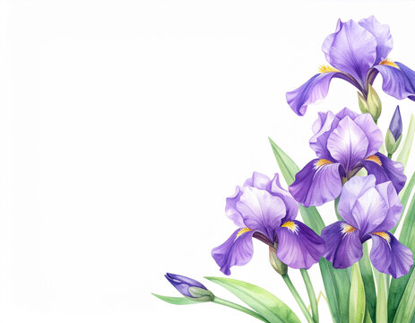 水彩風の花菖蒲、アヤメの花のイラスト背景 文字入れ用の広い白背景スペースがある和素材（こどもの日、端午の節句）