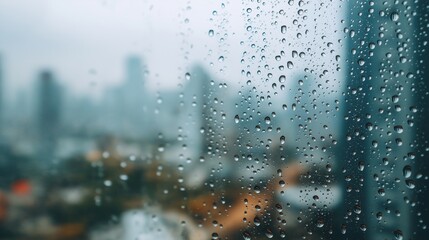 Obraz premium 雨水がついた窓から見える都会の風景