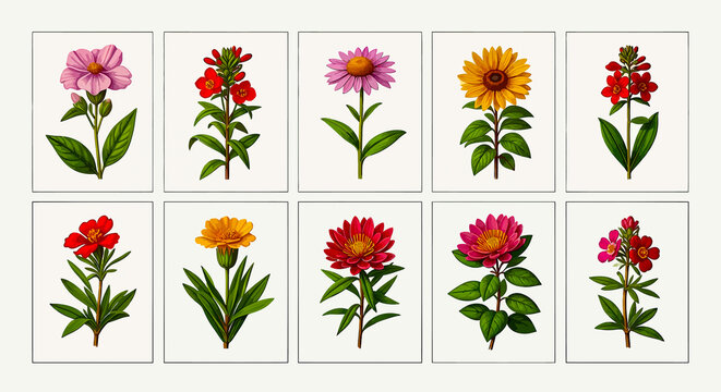 A beautiful collection of colorful spring flowers including pink daisies and red gerberas set in a floral vector pattern design for summer nature illustrations