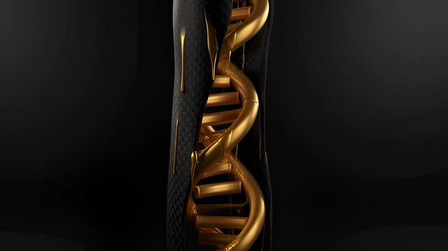 Golden Dna Helix Rotating With Carbon Fiber Texture Background, Science and Technology Concept