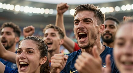 Joyful celebration of young caucasian fans cheering at a sports event