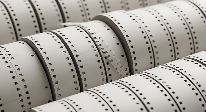 Numerous rolls of photographic  material are tightly wound in parallel rows