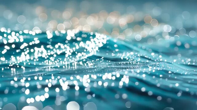 Abstract blue water waves with shimmering golden and white bokeh lights creating a tranquil background effect