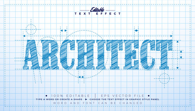 Architect Sketch Drawing Text Effect Design Vector Editable Illustrator Graphic Style Effect with Customizable Hand Drawn Font and Marker Line on White Checkered Paper Background. Premium Typography