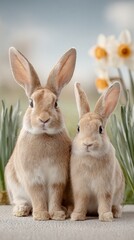 Fototapeta premium Two adorable brown rabbits sit together among blooming flowers.