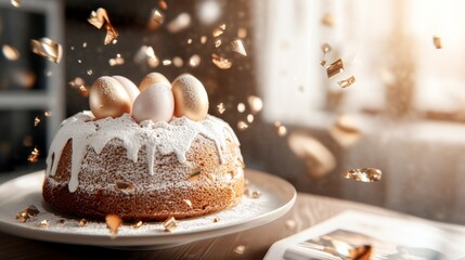 Obraz premium A decorated cake with golden eggs, creating a festive and elegant atmosphere.
