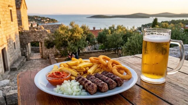 Grilled meat platter with fries and onion rings served with a cold beer overlooking a scenic coastal town at sunset.