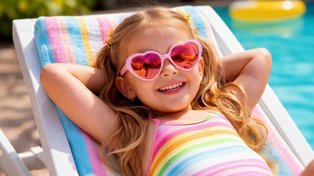 Smiling little girl wearing heart shaped sunglasses relaxing on a lounge chair near a swimming pool. Bright summer vacation scene with sunshine and carefree holiday mood.