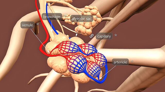 3D animation showing alveolar sacs of human lungs and gas exchange within respiratory system.